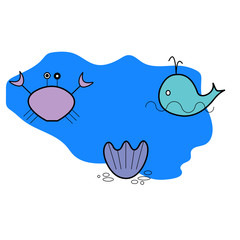 set of sea icons whale shell and crab on a blue wave