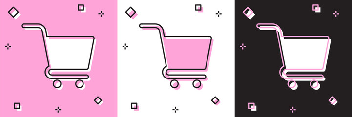 Set Shopping cart icon isolated on pink and white, black background. Online buying concept. Delivery service sign. Supermarket basket symbol. Vector Illustration