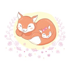 Fox, cute, lovely illustration and greetin card, Mother's day