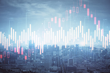 Forex graph on city view with skyscrapers background multi exposure. Financial analysis concept.