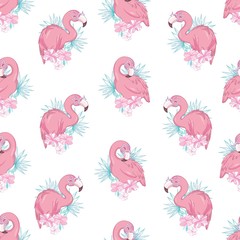 Seamless pattern with cartoon pink flamingo