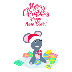 Cute rat or mouse in Santa Claus hat is sitting in a pile of gifts. 2020 Chinese New year. Funny cartoon smiling mice. Greeting card for winter celebrations.