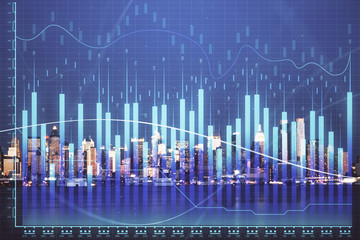 Financial graph on night city scape with tall buildings background double exposure. Analysis concept.