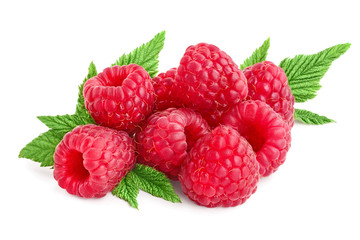 Ripe raspberries with leaf isolated on a white background