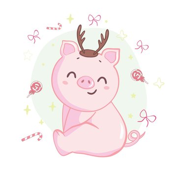Merry Christmas wishing, greeting card , Christmas sticker. Pig with reindeers horns, with Christmas lights and a bow. Vector illustration.