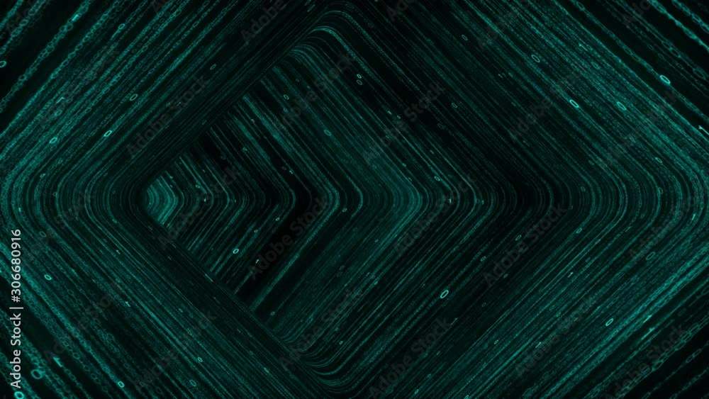 Poster 3d render animation of technology data tunnel rhomb shaped consists from zeros and ones animated fig