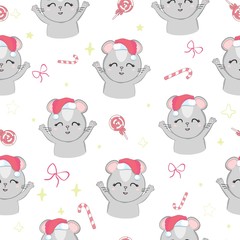 Fototapeta premium Christmas or New year seamless pattern with cute mice. Mouse. 2020 Winter background with mouse. Rat horoscope sign. Chinese year of Rat 2020. Happy New Year. Concept image of symbol chinese new year