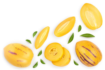 Fresh Pepino fruit with leaves isolated on white background with copy space for your text.. Top view, flat lay