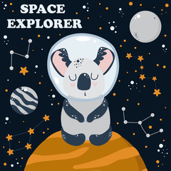 cute poster with astronaut koala in space - vector illustration, eps