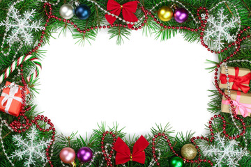 Obraz na płótnie Canvas Christmas frame decorated isolated on white background with copy space for your text. Top view.