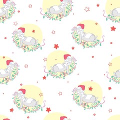 Cute rabbit with santa hat and giftbox seamless pattern. Cute Christmas holidays cartoon character background.