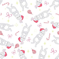 Cute rabbit with santa hat and giftbox seamless pattern. Cute Christmas holidays cartoon character background.
