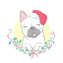 Christmas card. Image Portrait of French bulldog in Santa hats. Vector illustration.