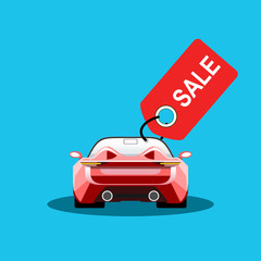 Car sale, flat cartoon automobile with sale tag, idea of rent or buy service promotion label