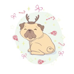 Puppy Pug in a Santa's hat and with Christmas toy ball. Vector illustration.