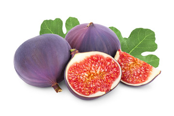 Fresh fig fruit and half with leaves isolated on white background