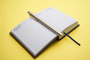 A 2020 planner with gold pen on yellow background                  