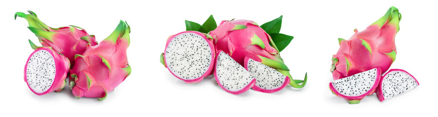 Ripe Dragon fruit, Pitaya or Pitahaya isolated on white background, fruit healthy concept. Set or collection