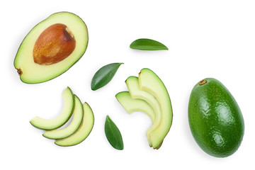 avocado and slices decorated with green leaves isolated on white background. Top view. Flat lay