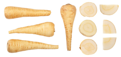 Parsnip root and slices isolated on white background closeup. Top view. Flat lay. Set or collection