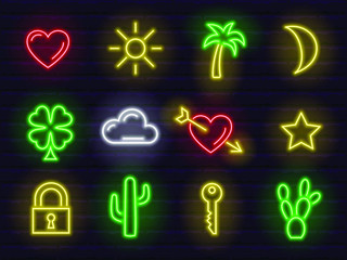 collection of colorful neon web signs and icons