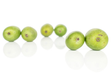 Group of six whole hardy green kiwi isolated on white background