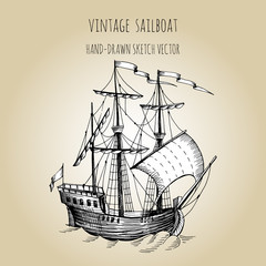 Old caravel, vintage sailboat. Hand drawn vector sketch.
