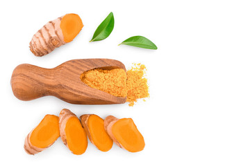 Turmeric powder and turmeric root isolated on white background with copy space for your text. Top view. Flat lay