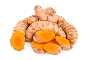 turmeric root with slices isolated on white background close up