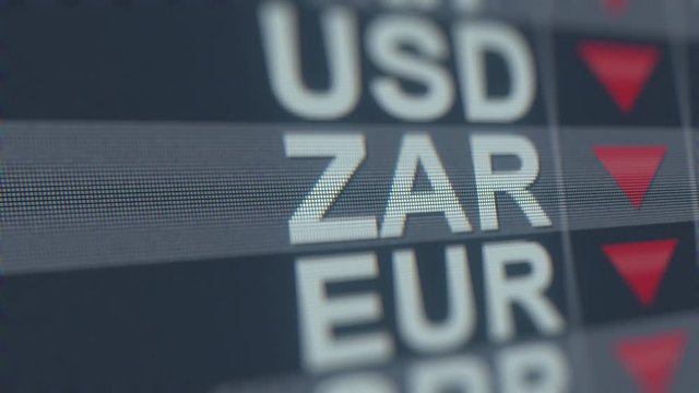 Decreasing South African Rand exchange rate indicator on computer screen. ZAR forex ticker loopable 3D animation