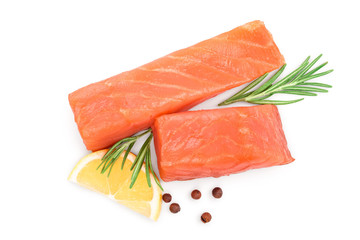 Slice of red fish salmon with rosemary and lemon isolated on white background. Top view. Flat lay