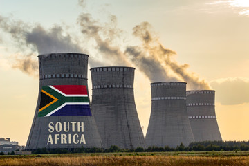 Nuclear plant chimneys displaying flag of South Africa with according text. Energy pollution accidents in the country concept. Power production and generation from atomic energy.