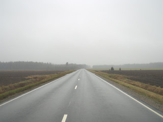 Autumn driving on wet road through forests in Finland