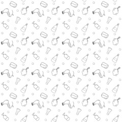 seamless pattern with bathroom cosmetics. Shampoo, soap, Washcloth, hair dryer. Vector version. Black line on white background.