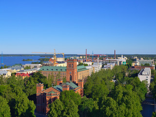 Beautiful summer cityscape view of Finnish town Vaasa by the Baltic Sea.