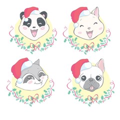 Merry Christmas and happy new year. Set Animal head dog, raccoon, pig, panda, cat with santa hat. Vector character hand drawn illustration isolated on white background