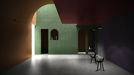 Classic colorful concrete interior space, sun light that cast shadow on the wall and floor, hall, living, lounge room, geometric structures design with pendant lamps and armchairs