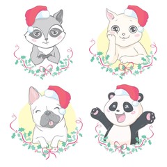 Merry Christmas and happy new year. Set Animal head dog, raccoon, pig, panda, cat with santa hat. Vector character hand drawn illustration isolated on white background