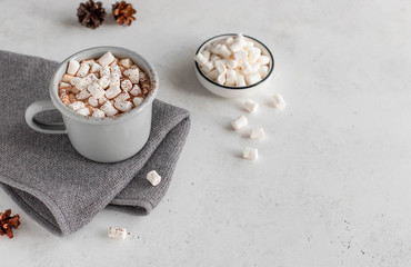 cup of hot chocolate or coffee with marshmallows. christmas concept. white background, copy space.