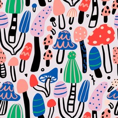 Raster mushrooms seamless pattern design. Bold colors forest plants design. 