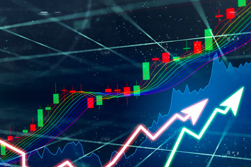 Stock market digital graph chart on LED display concept. A large display of daily stock market price and quotation. Indicator financial forex trade education background.