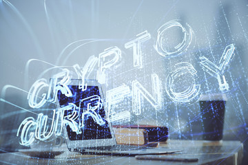 Multi exposure of blockchain theme hologram and table with computer background. Concept of bitcoin...