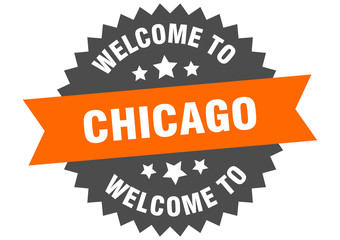 Chicago sign. welcome to Chicago orange sticker