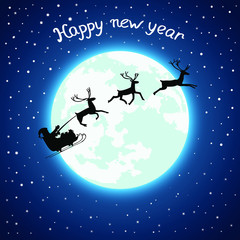 Obraz na płótnie Canvas Vector background with moon, santa claus in sleigh, deers.Snow, Christmas, New Year.Hand lettering. Doodling. Can be used as a background, postcard, pattern on clothes, scrapbooking, book illustration