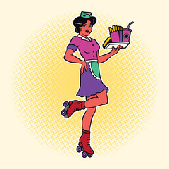 Retro waitress on roller skates. drive-in waitress. 50's diner waitress