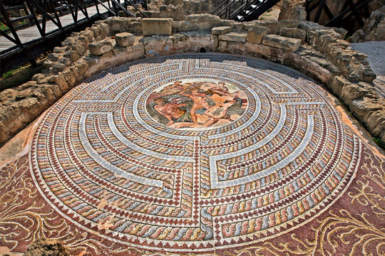 Impressive and very well preserved mosaic in the "House of Theseus", at the Archaeological Park of Kato Paphos (UNESCO World Heritage Site), Cyprus. 