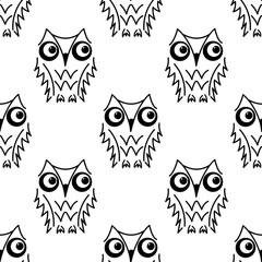 Vector seamless pattern with cute owls. Graphics, Monochrome print.