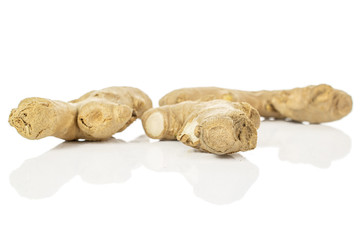 Group of three whole arranged fresh brown ginger isolated on white background