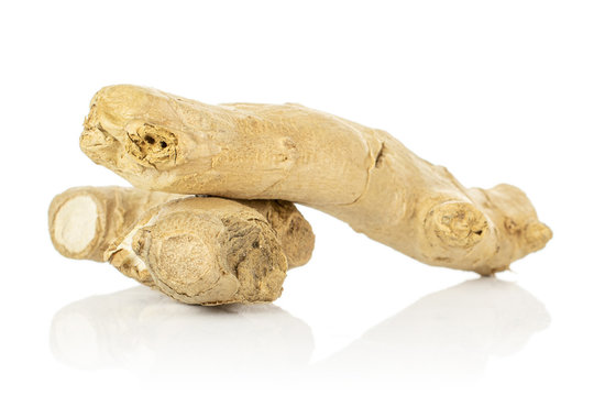 Group of two whole fresh brown ginger rhizome isolated on white background