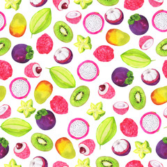Seamless pattern with tropical fruit and berry on white background. Hand drawn watercolor illustration.